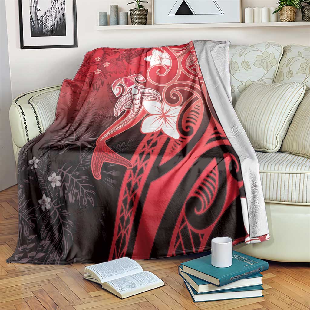 Polynesia Hammerhead Shark Blanket Red Tribal Pattern With Plumeria - Polynesian Pride