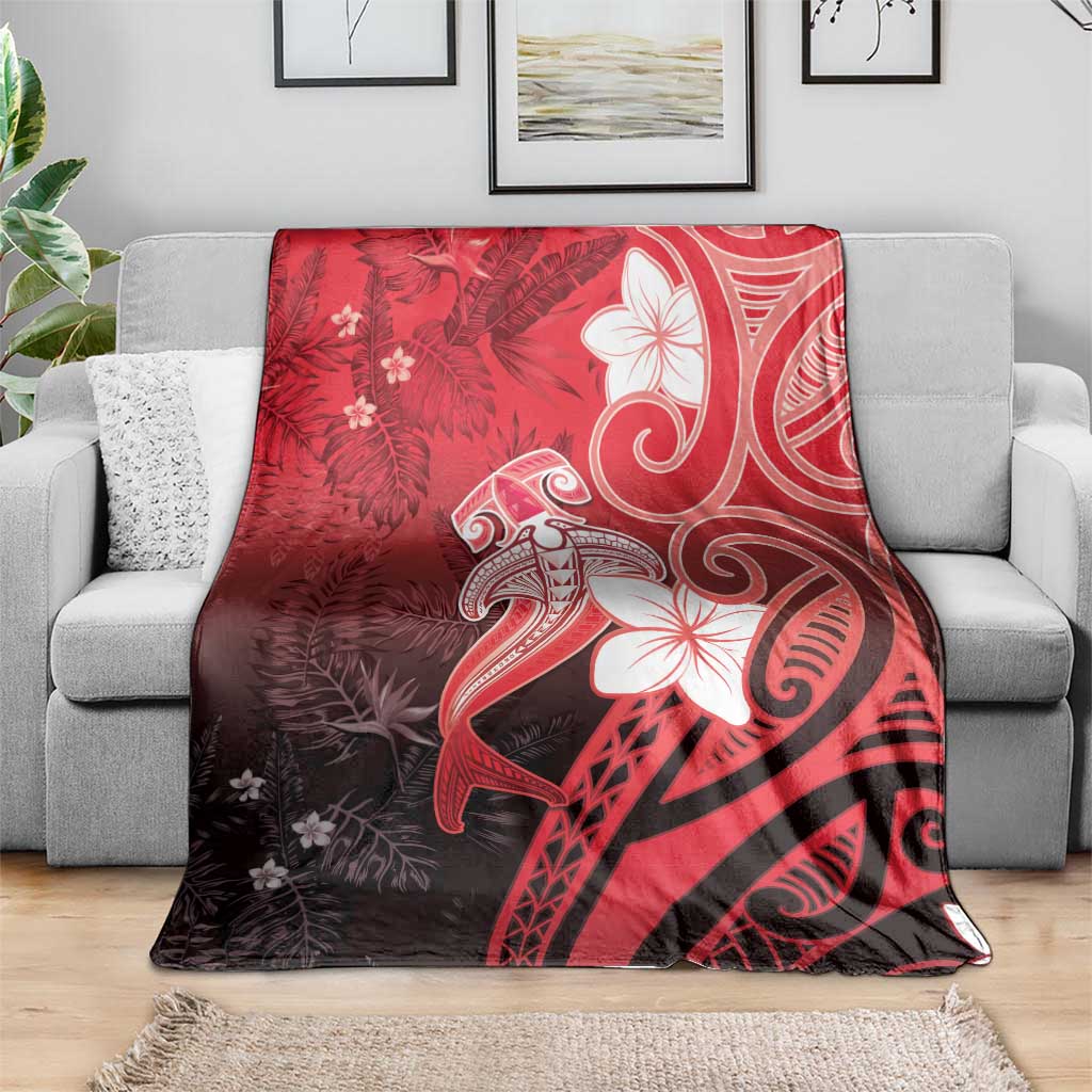 Polynesia Hammerhead Shark Blanket Red Tribal Pattern With Plumeria - Polynesian Pride