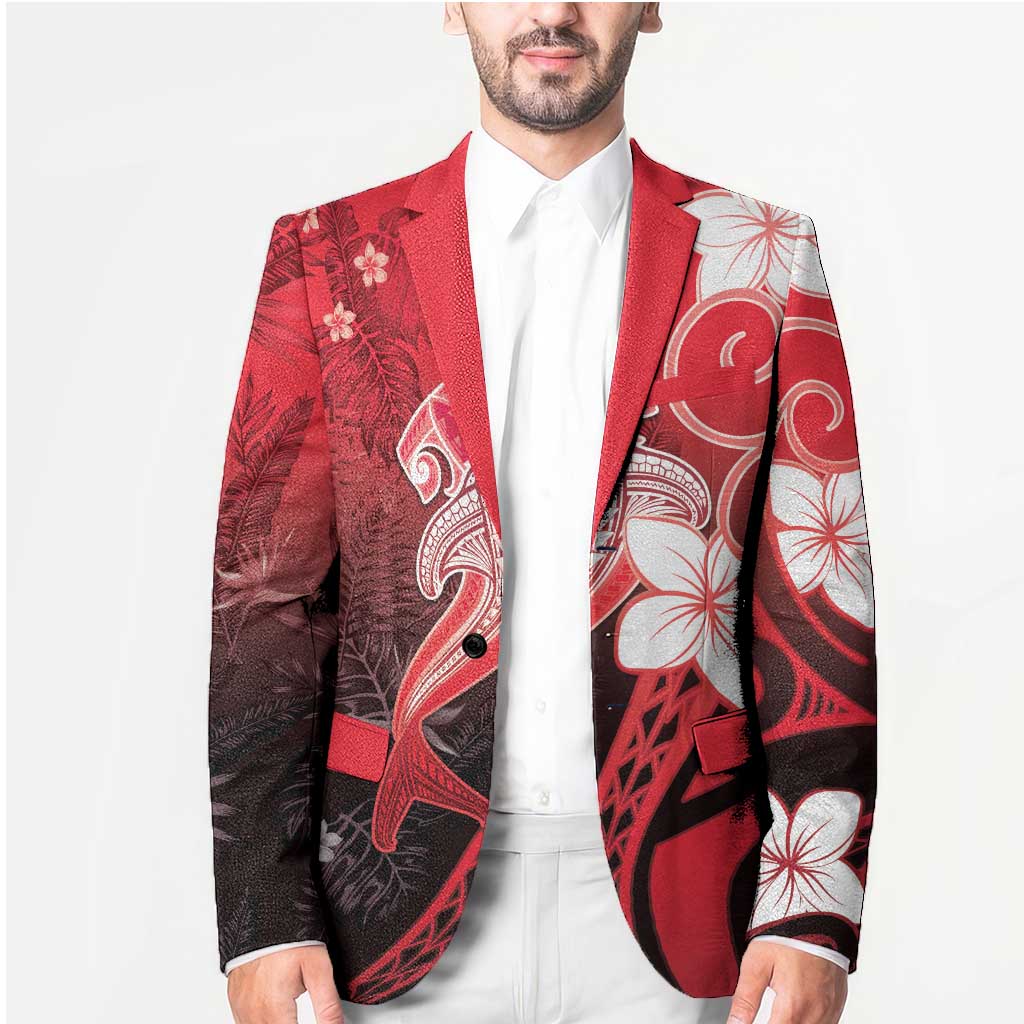 Polynesia Hammerhead Shark Blazer Red Tribal Pattern With Plumeria - Polynesian Pride
