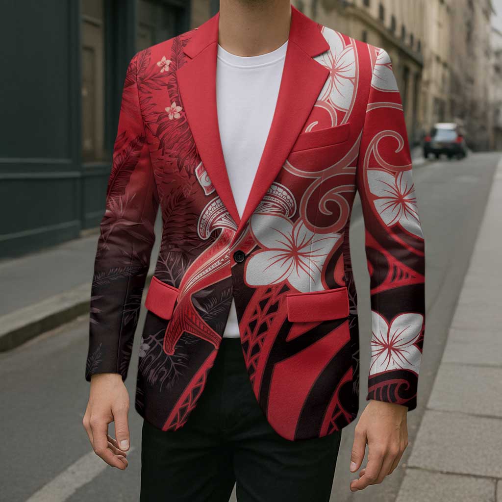 Polynesia Hammerhead Shark Blazer Red Tribal Pattern With Plumeria - Polynesian Pride