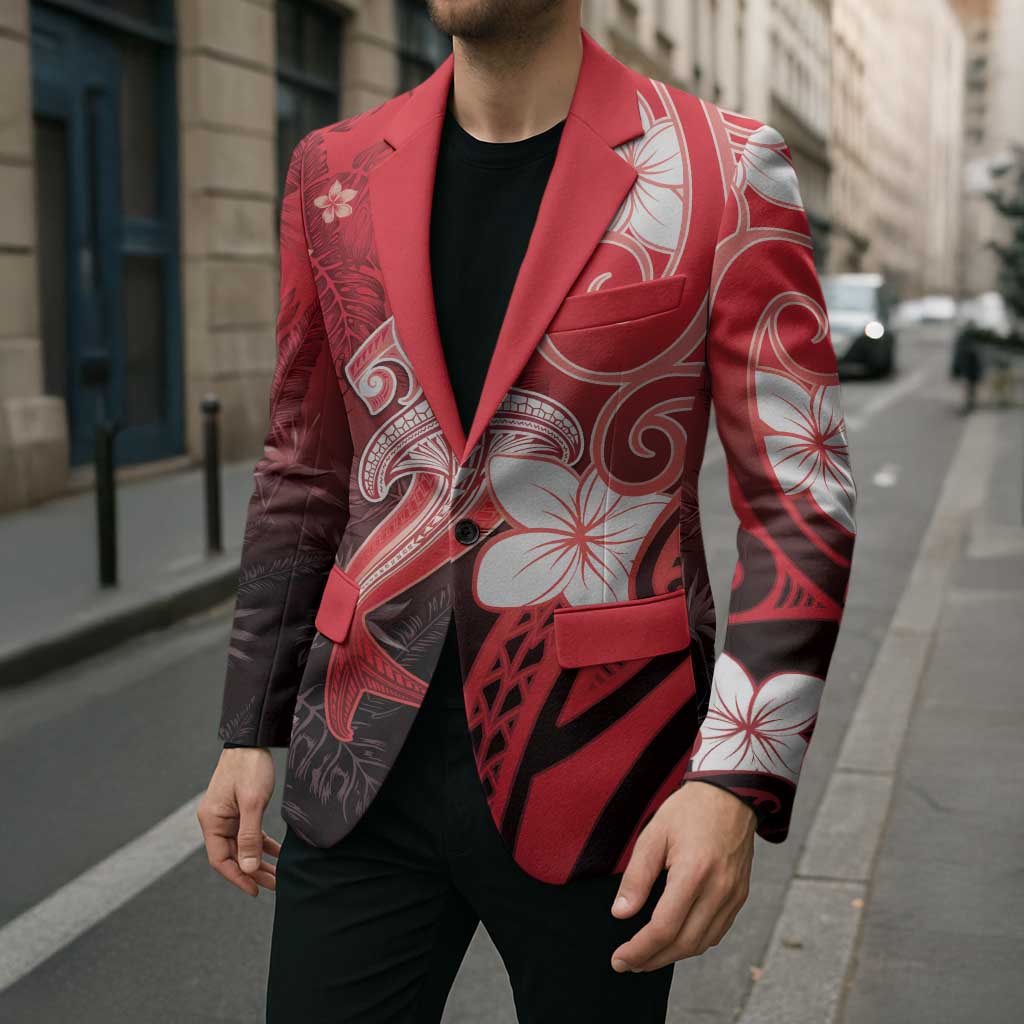 Polynesia Hammerhead Shark Blazer Red Tribal Pattern With Plumeria - Polynesian Pride