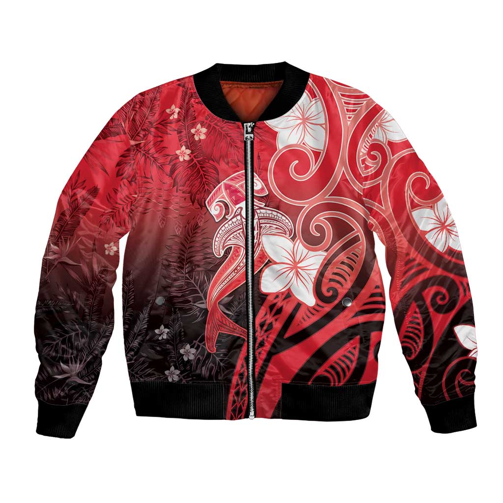 Polynesia Hammerhead Shark Bomber Jacket Red Tribal Pattern With Plumeria LT05 Unisex Red - Polynesian Pride