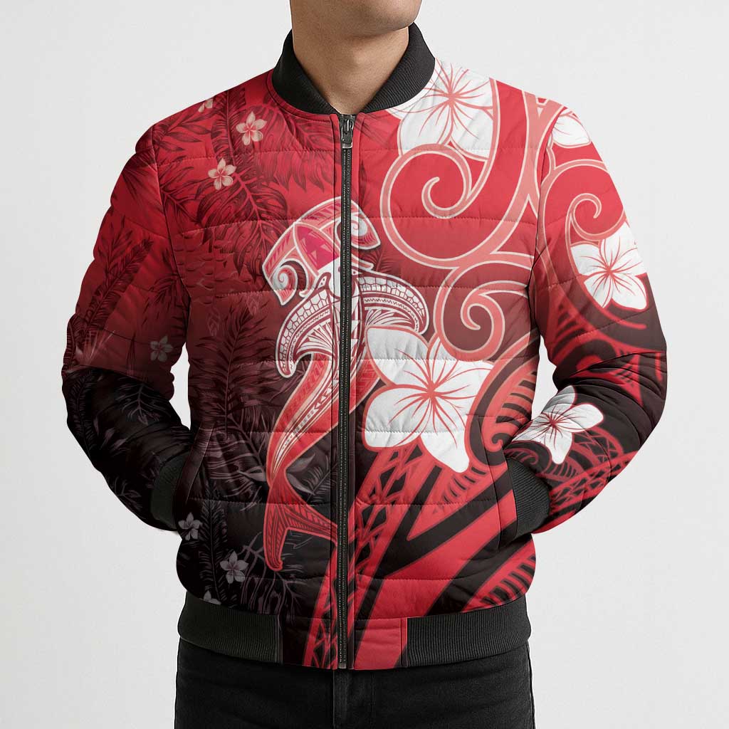 Polynesia Hammerhead Shark Bomber Puffer Jacket Red Tribal Pattern With Plumeria - Polynesian Pride