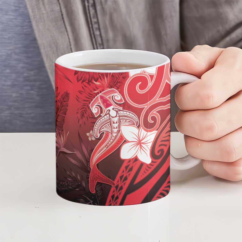 Polynesia Hammerhead Shark Ceramic Mug Red Tribal Pattern With Plumeria - Polynesian Pride