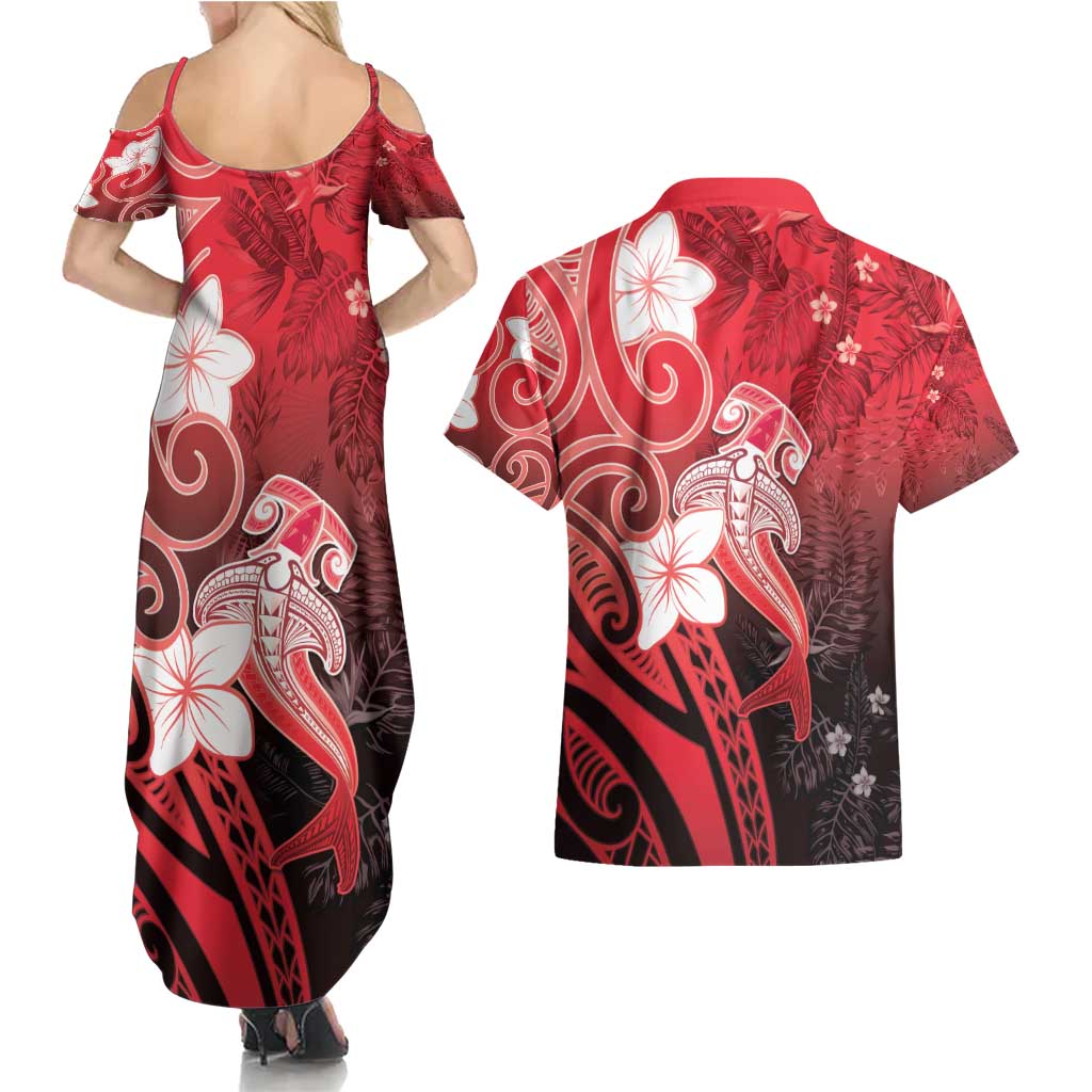 Polynesia Hammerhead Shark Couples Matching Summer Maxi Dress and Hawaiian Shirt Red Tribal Pattern With Plumeria LT05 - Polynesian Pride