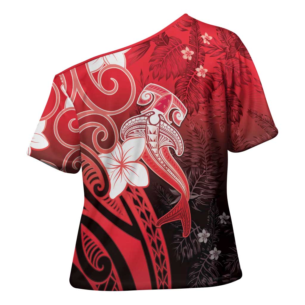 Polynesia Hammerhead Shark Cross Shoulder Shirt Red Tribal Pattern With Plumeria LT05 - Polynesian Pride