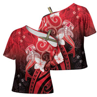 Polynesia Hammerhead Shark Cross Shoulder Shirt Red Tribal Pattern With Plumeria LT05 - Polynesian Pride