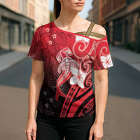 Polynesia Hammerhead Shark Cross Shoulder Shirt Red Tribal Pattern With Plumeria LT05 - Polynesian Pride
