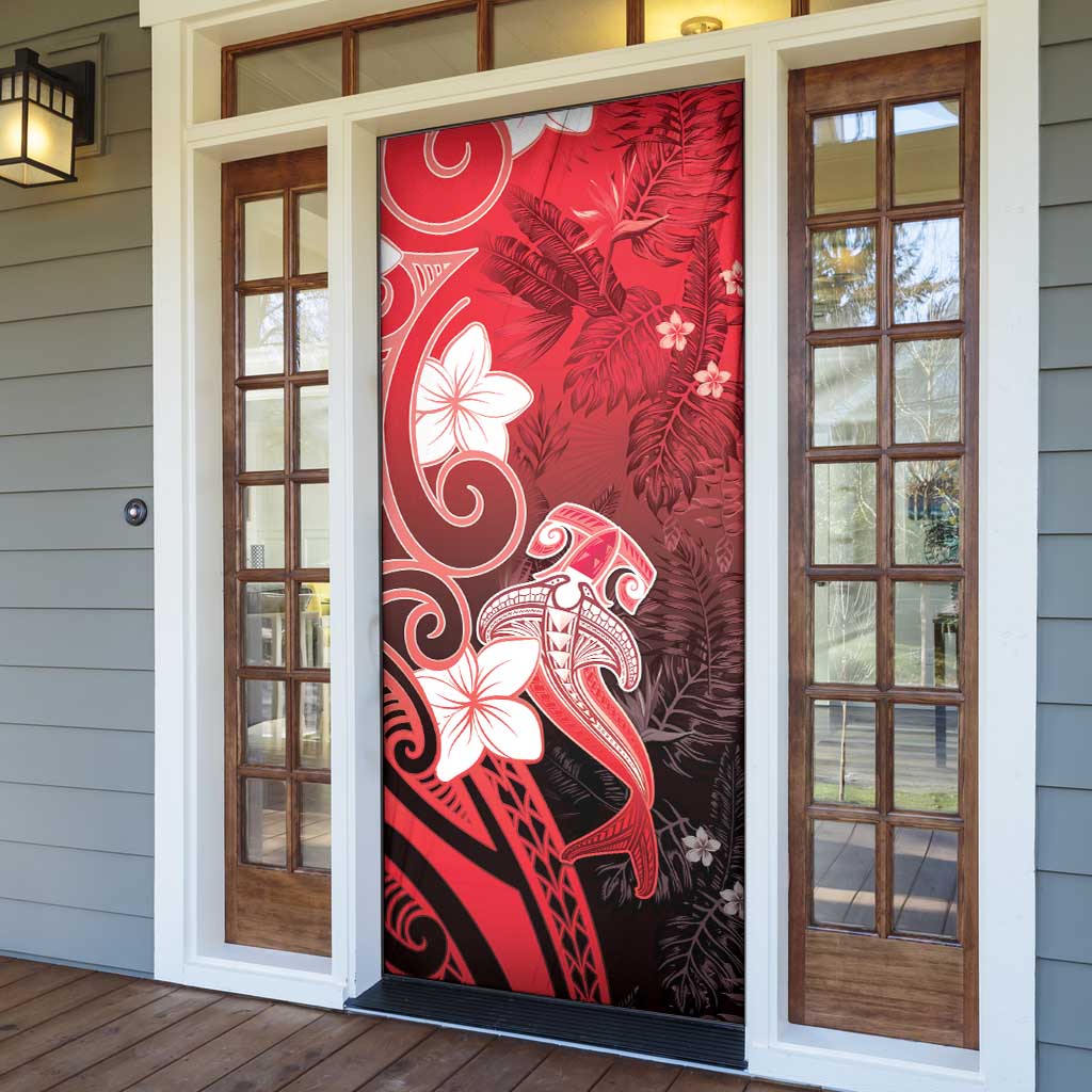 Polynesia Hammerhead Shark Door Cover Red Tribal Pattern With Plumeria - Polynesian Pride