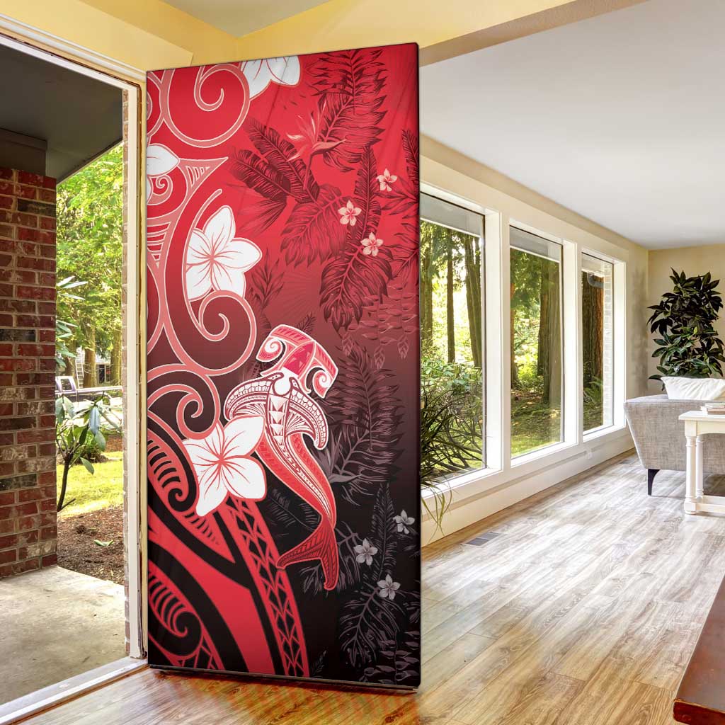 Polynesia Hammerhead Shark Door Cover Red Tribal Pattern With Plumeria - Polynesian Pride