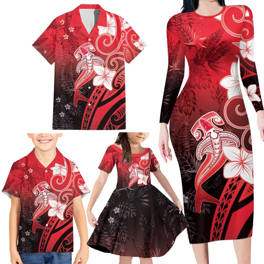 Polynesia Hammerhead Shark Family Matching Long Sleeve Bodycon Dress and Hawaiian Shirt Red Tribal Pattern With Plumeria - Polynesian Pride