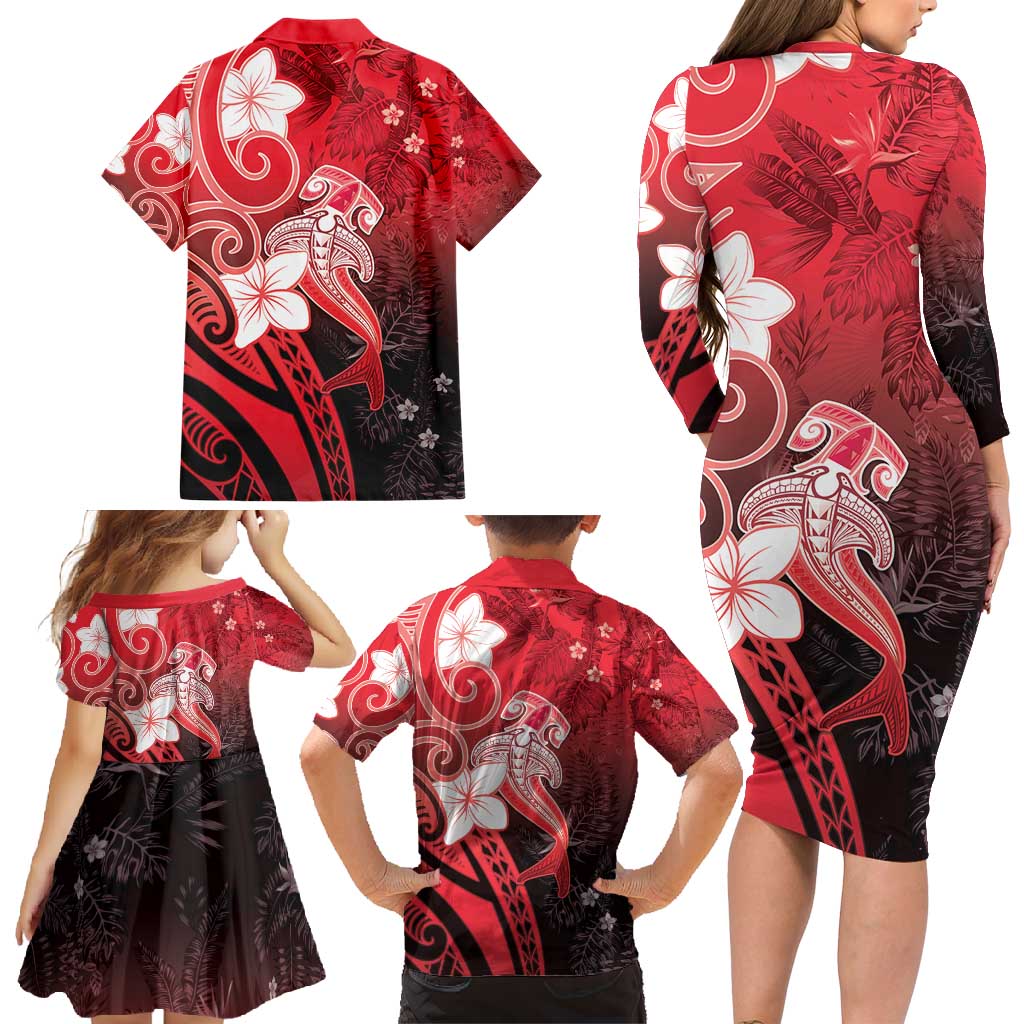 Polynesia Hammerhead Shark Family Matching Long Sleeve Bodycon Dress and Hawaiian Shirt Red Tribal Pattern With Plumeria - Polynesian Pride