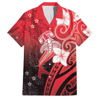Polynesia Hammerhead Shark Family Matching Long Sleeve Bodycon Dress and Hawaiian Shirt Red Tribal Pattern With Plumeria - Polynesian Pride