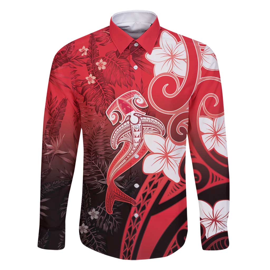 Polynesia Hammerhead Shark Family Matching Long Sleeve Bodycon Dress and Hawaiian Shirt Red Tribal Pattern With Plumeria - Polynesian Pride