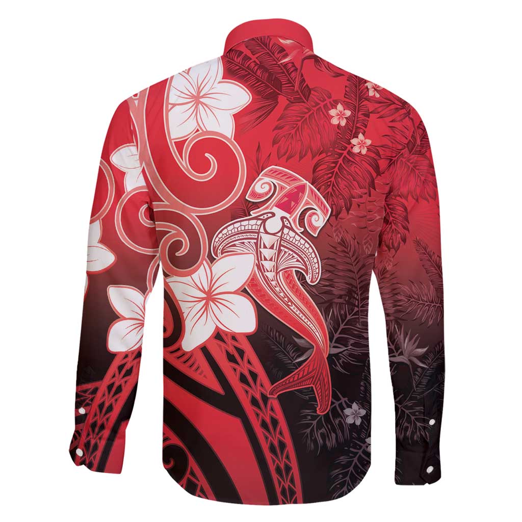 Polynesia Hammerhead Shark Family Matching Long Sleeve Bodycon Dress and Hawaiian Shirt Red Tribal Pattern With Plumeria - Polynesian Pride