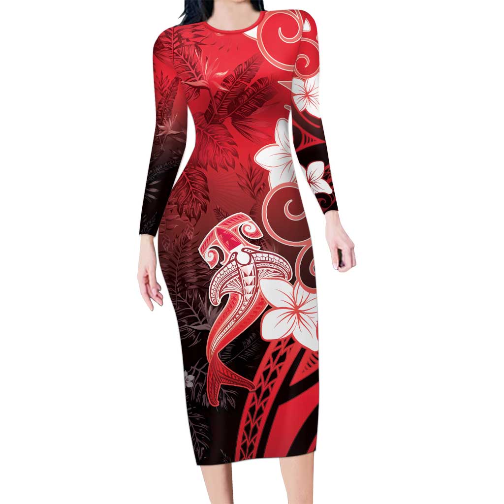 Polynesia Hammerhead Shark Family Matching Long Sleeve Bodycon Dress and Hawaiian Shirt Red Tribal Pattern With Plumeria - Polynesian Pride