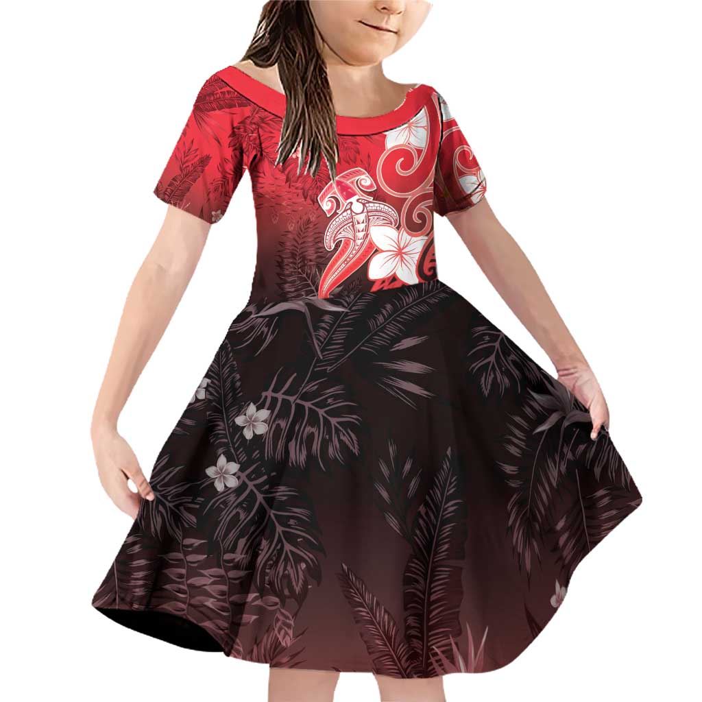 Polynesia Hammerhead Shark Family Matching Off Shoulder Short Dress and Hawaiian Shirt Red Tribal Pattern With Plumeria - Polynesian Pride