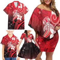 Polynesia Hammerhead Shark Family Matching Off Shoulder Short Dress and Hawaiian Shirt Red Tribal Pattern With Plumeria - Polynesian Pride