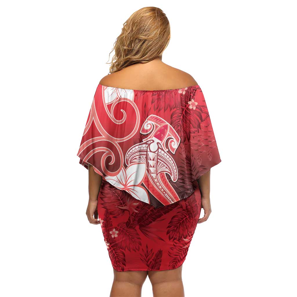 Polynesia Hammerhead Shark Family Matching Off Shoulder Short Dress and Hawaiian Shirt Red Tribal Pattern With Plumeria - Polynesian Pride