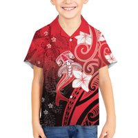 Polynesia Hammerhead Shark Family Matching Off Shoulder Short Dress and Hawaiian Shirt Red Tribal Pattern With Plumeria - Polynesian Pride