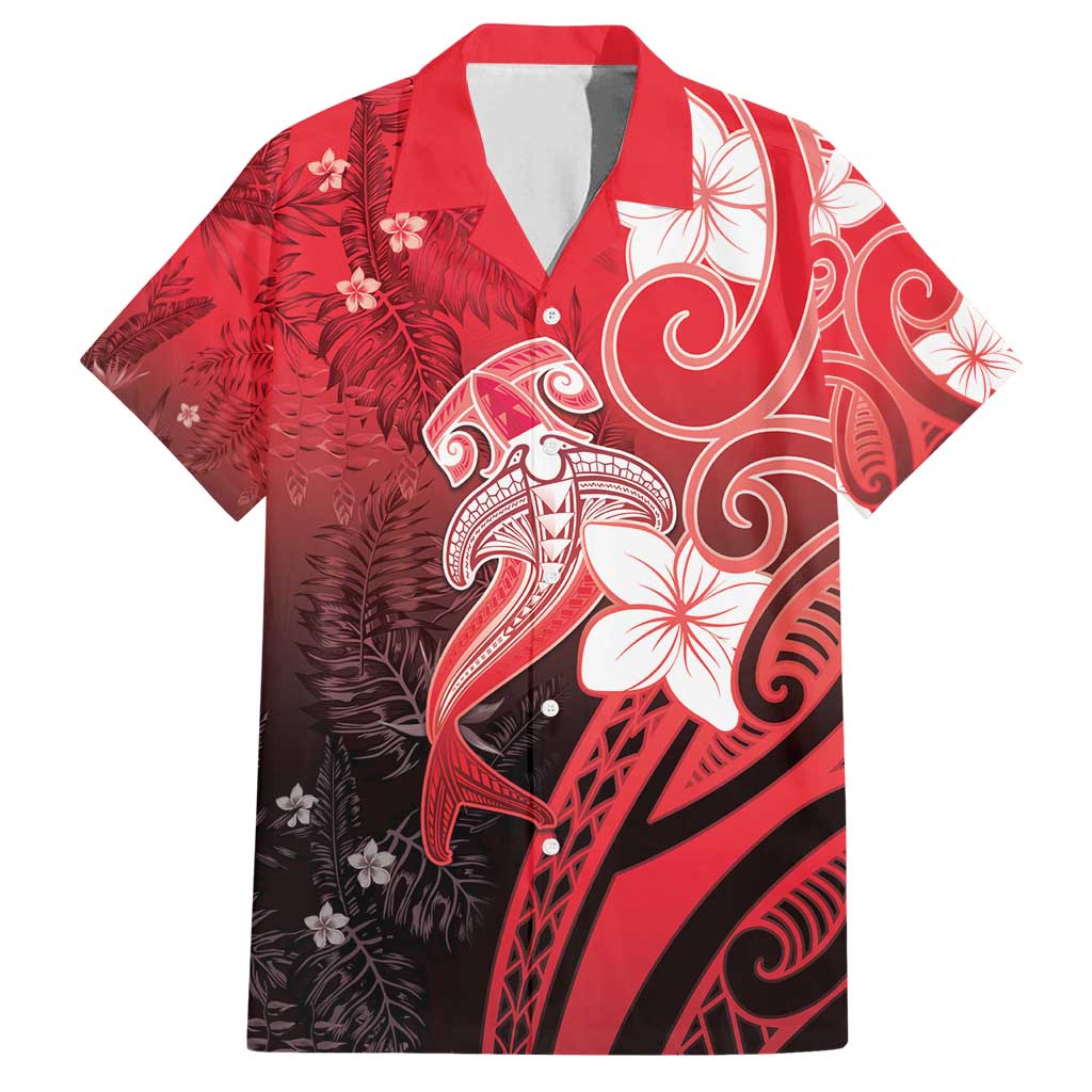Polynesia Hammerhead Shark Family Matching Puletasi and Hawaiian Shirt Red Tribal Pattern With Plumeria LT05 Dad's Shirt - Short Sleeve Red - Polynesian Pride