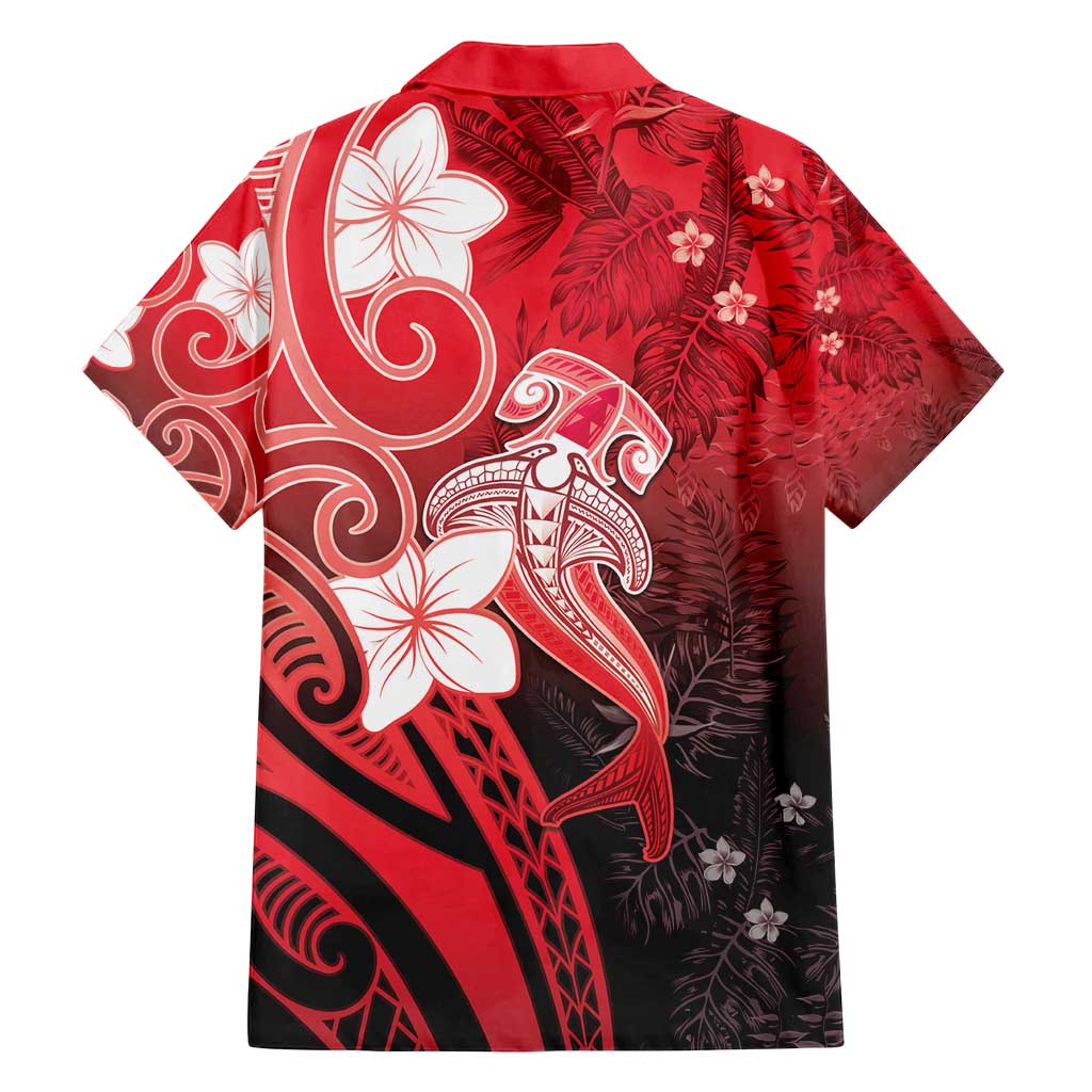 Polynesia Hammerhead Shark Family Matching Puletasi and Hawaiian Shirt Red Tribal Pattern With Plumeria LT05 - Polynesian Pride