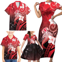 Polynesia Hammerhead Shark Family Matching Short Sleeve Bodycon Dress and Hawaiian Shirt Red Tribal Pattern With Plumeria - Polynesian Pride