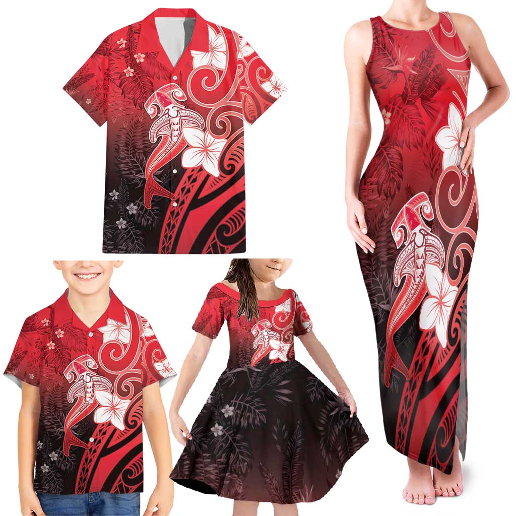 Polynesia Hammerhead Shark Family Matching Tank Maxi Dress and Hawaiian Shirt Red Tribal Pattern With Plumeria LT05 - Polynesian Pride