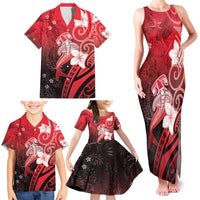 Polynesia Hammerhead Shark Family Matching Tank Maxi Dress and Hawaiian Shirt Red Tribal Pattern With Plumeria - Polynesian Pride