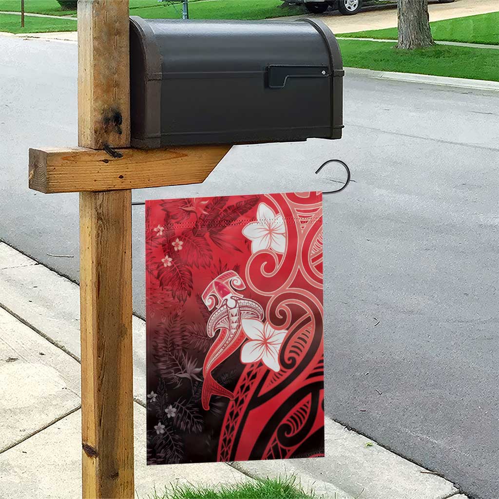 Polynesia Hammerhead Shark Garden Flag Red Tribal Pattern With Plumeria - Polynesian Pride