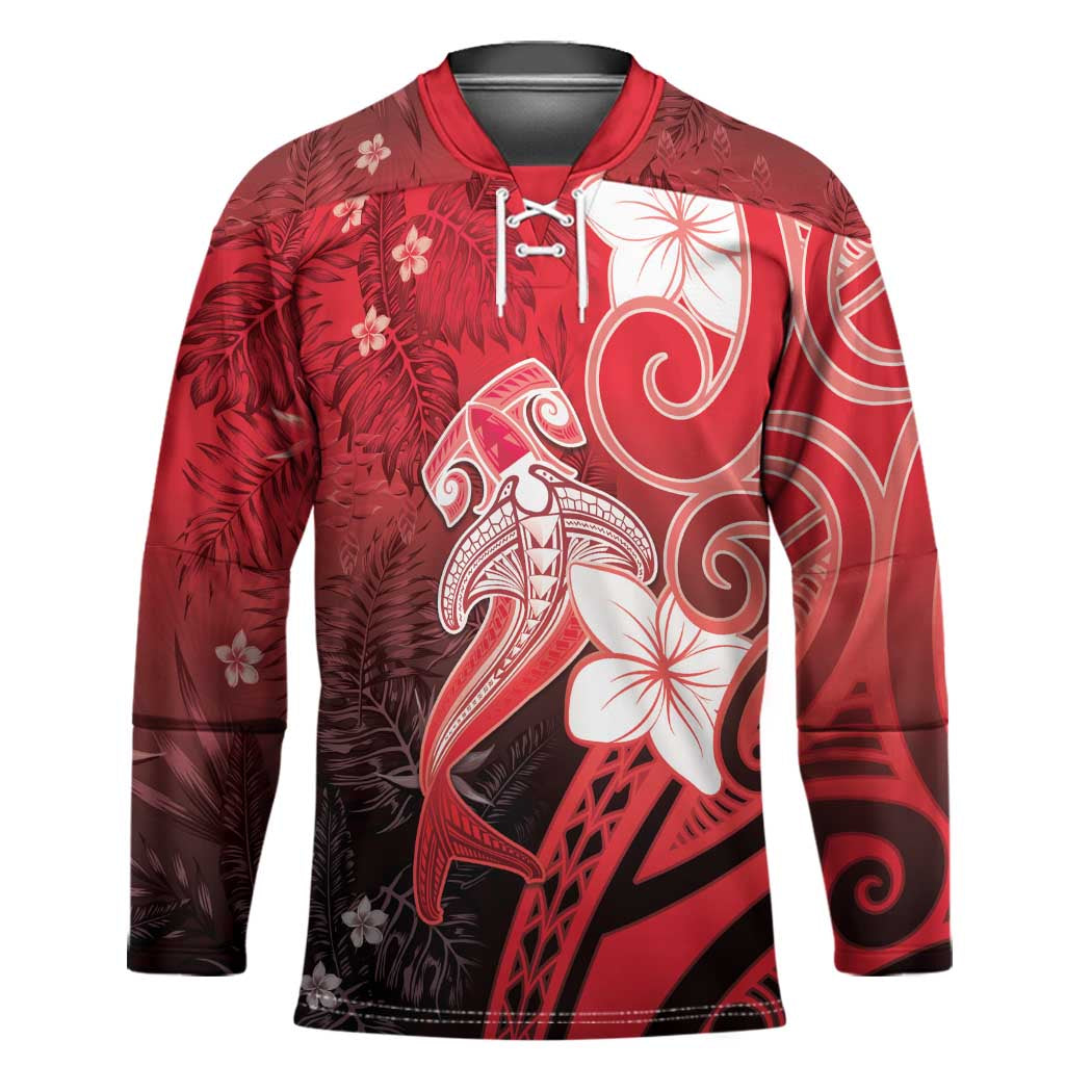 Polynesia Hammerhead Shark Hockey Jersey Red Tribal Pattern With Plumeria - Polynesian Pride