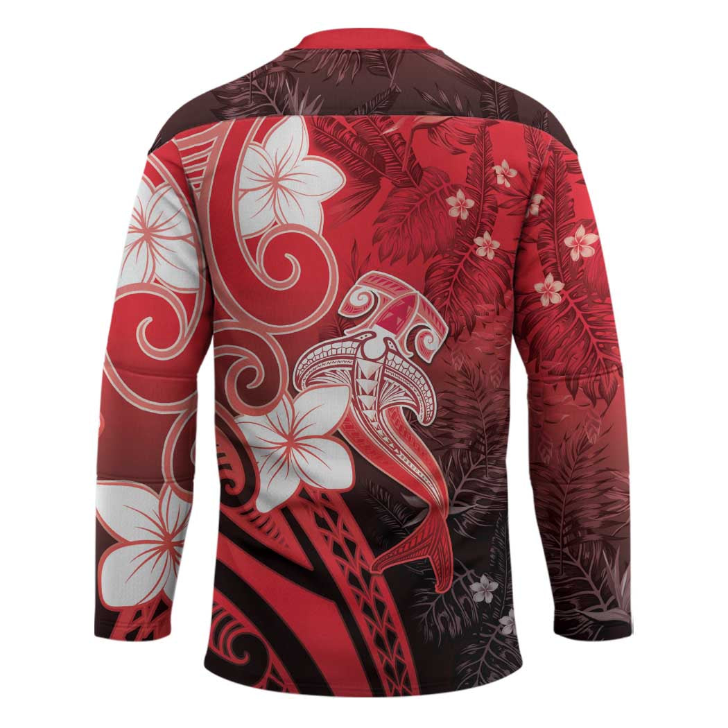 Polynesia Hammerhead Shark Hockey Jersey Red Tribal Pattern With Plumeria - Polynesian Pride