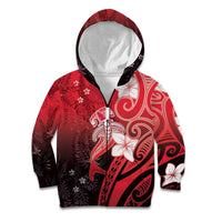 Polynesia Hammerhead Shark Kid Hoodie Red Tribal Pattern With Plumeria - Polynesian Pride