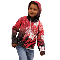 Polynesia Hammerhead Shark Kid Hoodie Red Tribal Pattern With Plumeria - Polynesian Pride
