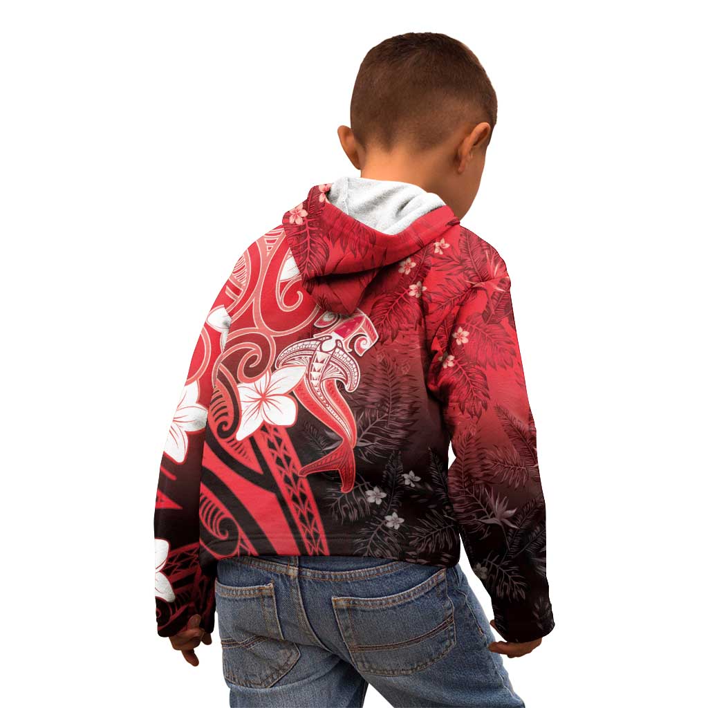 Polynesia Hammerhead Shark Kid Hoodie Red Tribal Pattern With Plumeria - Polynesian Pride