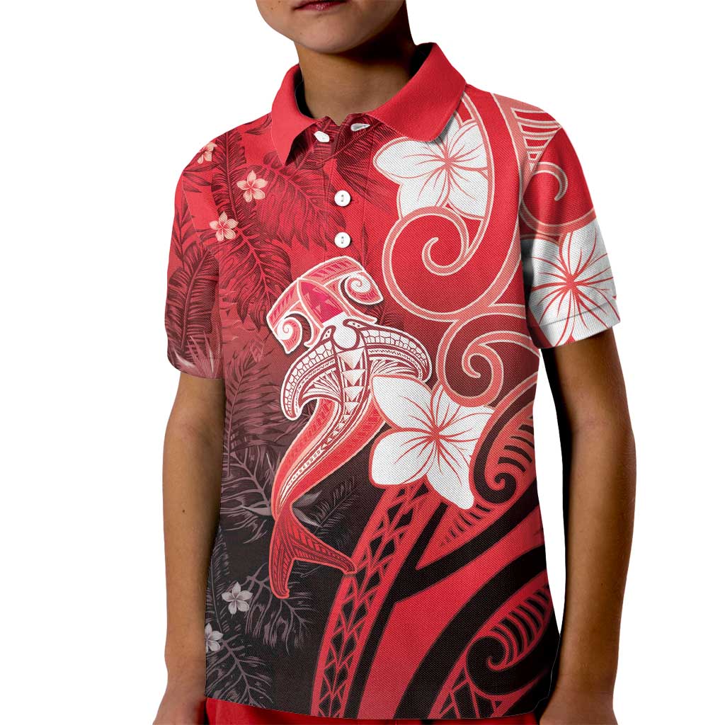 Polynesia Hammerhead Shark Kid Polo Shirt Red Tribal Pattern With Plumeria - Polynesian Pride