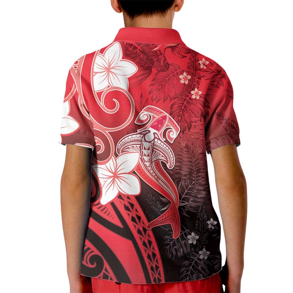 Polynesia Hammerhead Shark Kid Polo Shirt Red Tribal Pattern With Plumeria - Polynesian Pride