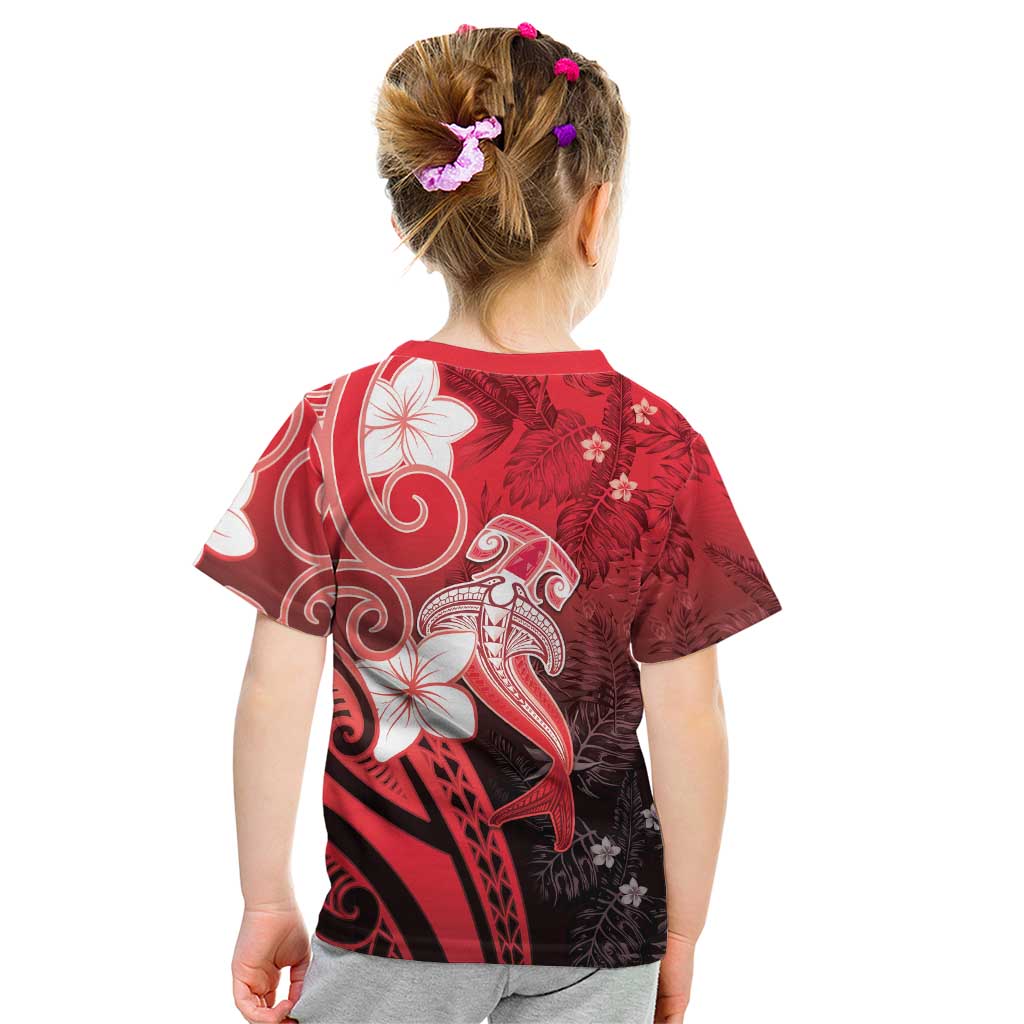 Polynesia Hammerhead Shark Kid T Shirt Red Tribal Pattern With Plumeria - Polynesian Pride