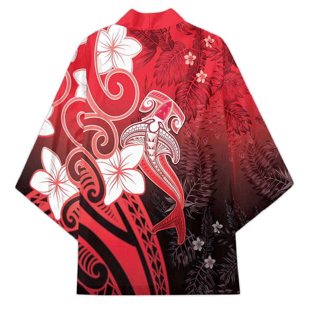 Polynesia Hammerhead Shark Kimono Red Tribal Pattern With Plumeria - Polynesian Pride