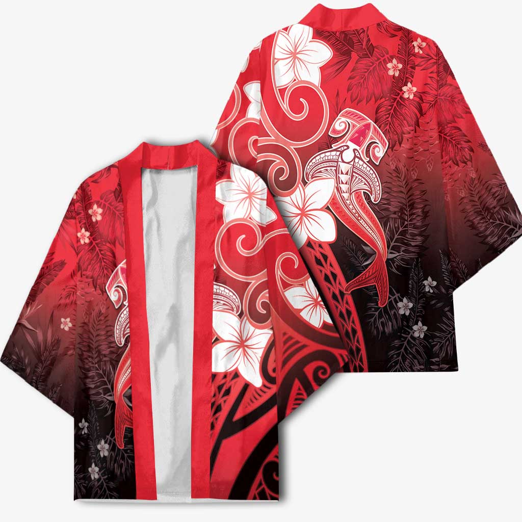Polynesia Hammerhead Shark Kimono Red Tribal Pattern With Plumeria - Polynesian Pride
