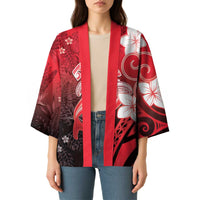 Polynesia Hammerhead Shark Kimono Red Tribal Pattern With Plumeria - Polynesian Pride