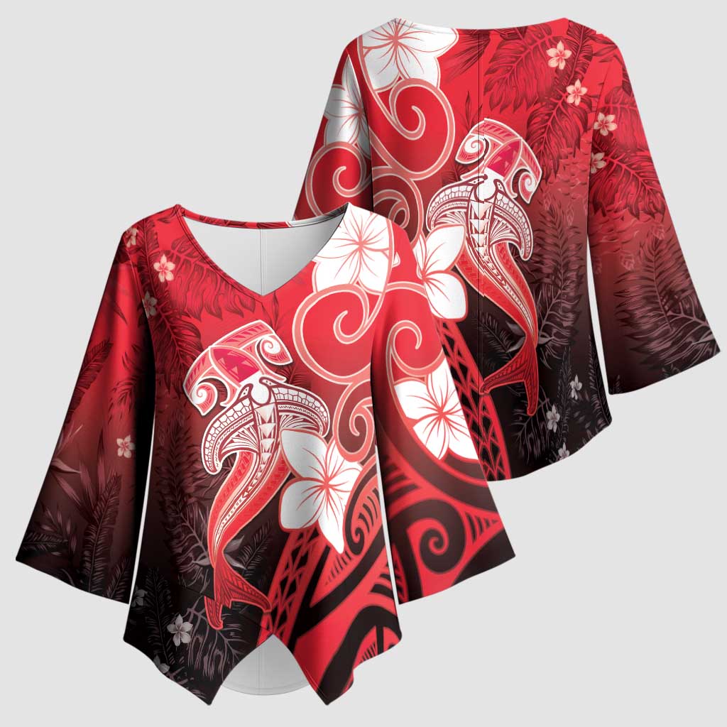 Polynesia Hammerhead Shark Kimono Sleeve Blouse Red Tribal Pattern With Plumeria - Polynesian Pride