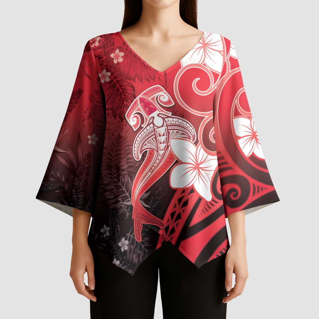 Polynesia Hammerhead Shark Kimono Sleeve Blouse Red Tribal Pattern With Plumeria - Polynesian Pride