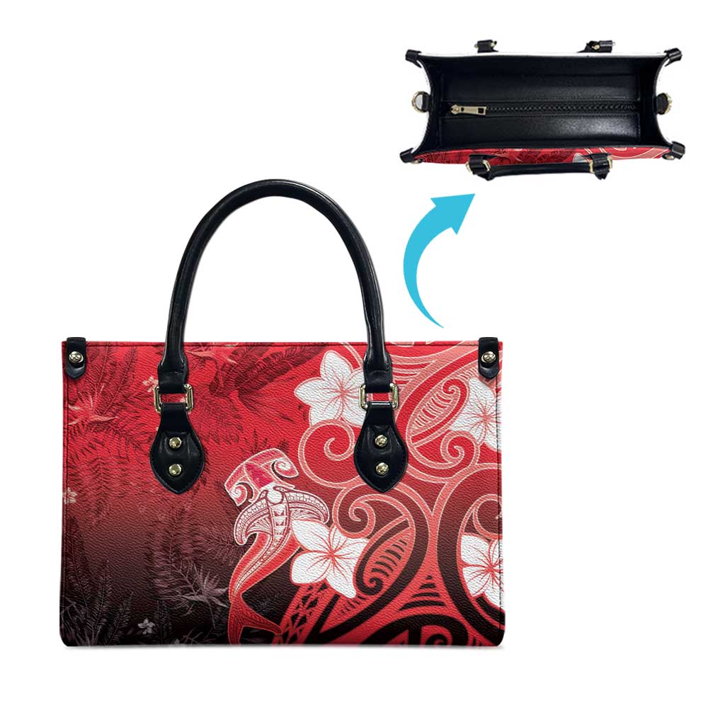 Polynesia Hammerhead Shark Leather Bag Red Tribal Pattern With Plumeria - Polynesian Pride
