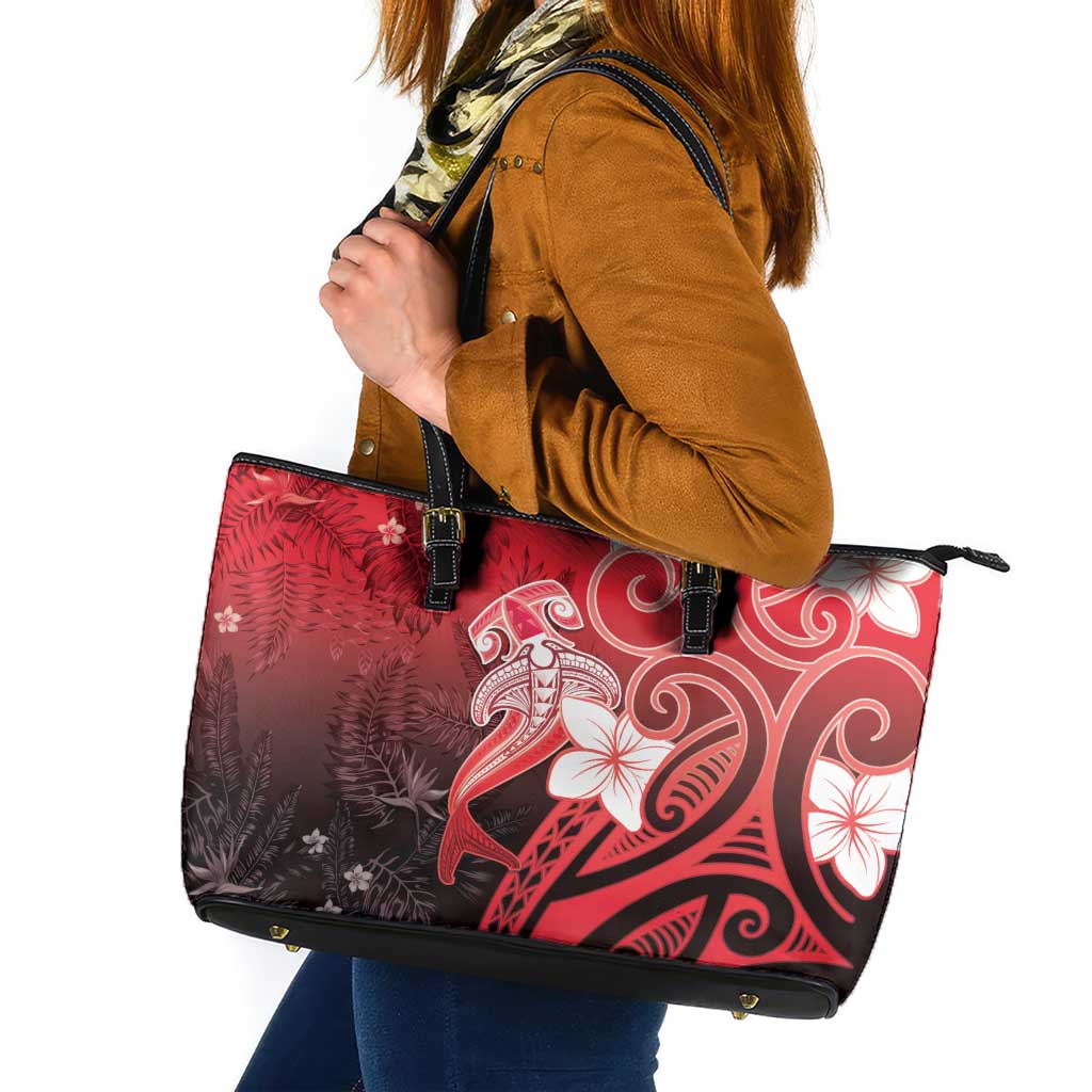 Polynesia Hammerhead Shark Leather Tote Bag Red Tribal Pattern With Plumeria - Polynesian Pride