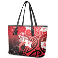 Polynesia Hammerhead Shark Leather Tote Bag Red Tribal Pattern With Plumeria - Polynesian Pride