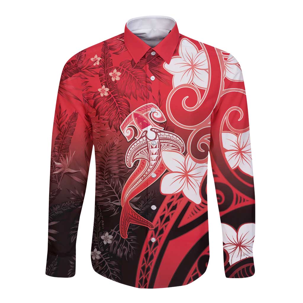 Polynesia Hammerhead Shark Long Sleeve Button Shirt Red Tribal Pattern With Plumeria - Polynesian Pride