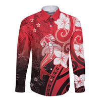 Polynesia Hammerhead Shark Long Sleeve Button Shirt Red Tribal Pattern With Plumeria - Polynesian Pride
