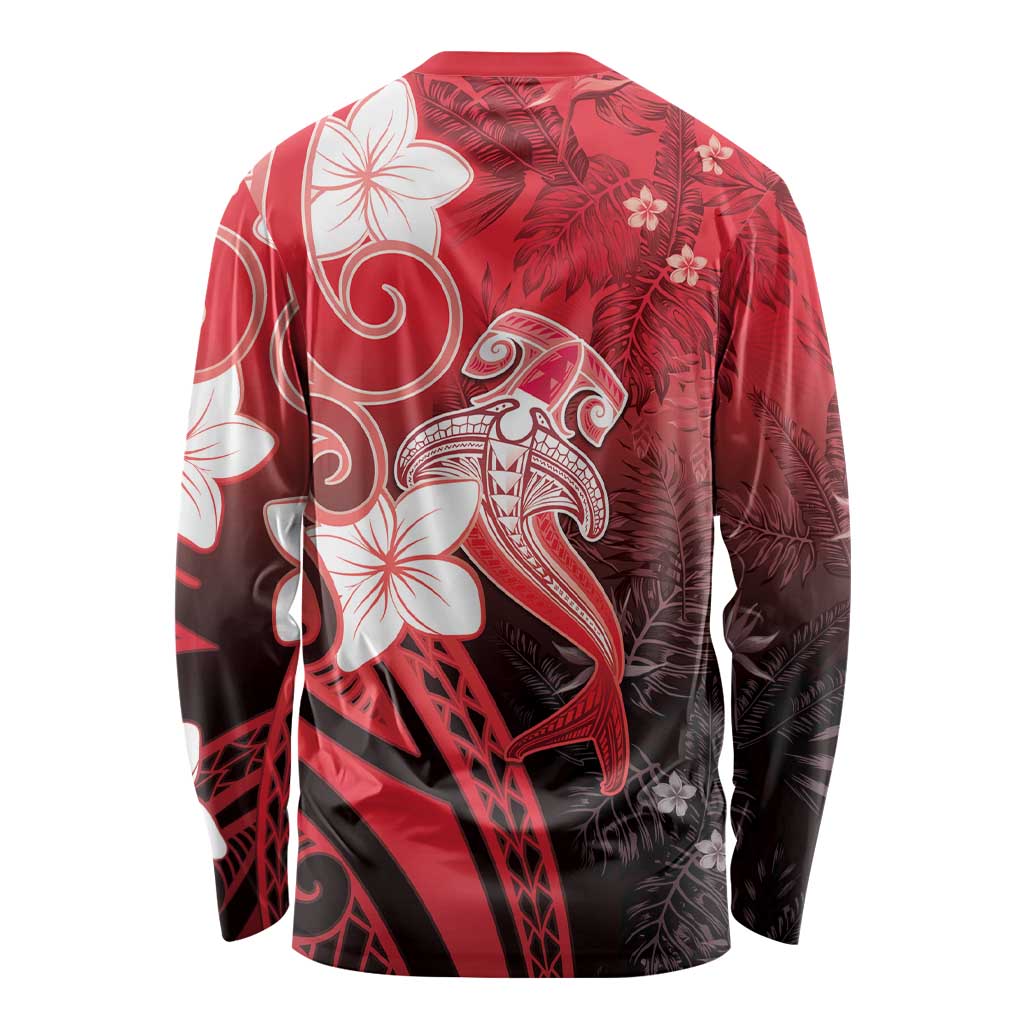 Polynesia Hammerhead Shark Long Sleeve Shirt Red Tribal Pattern With Plumeria - Polynesian Pride