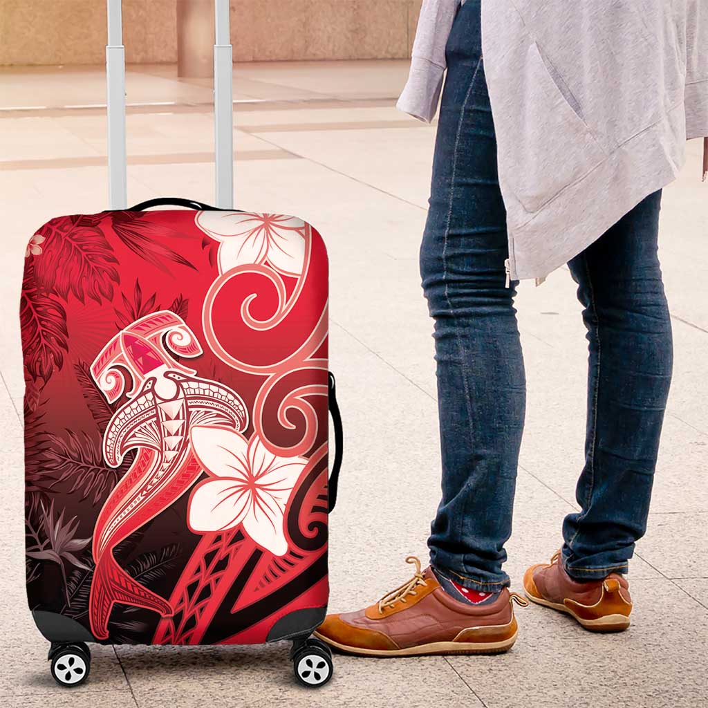 Polynesia Hammerhead Shark Luggage Cover Red Tribal Pattern With Plumeria - Polynesian Pride